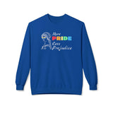 More Pride Less Prejudice sweatshirt in blue with vintage bust design and rainbow sunglasses.