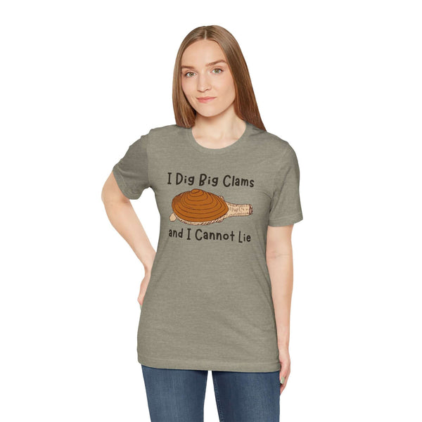 Woman wearing I Dig Big Clams and I Cannot Lie Premium Soft Tee featuring a clam graphic, ideal for seafood lovers.