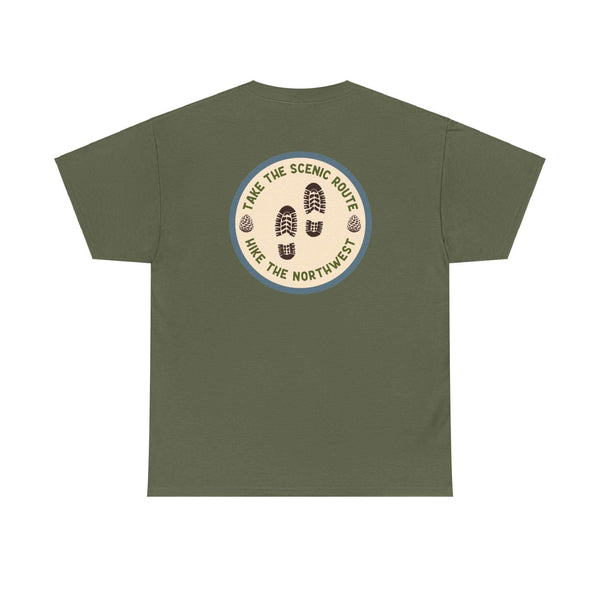 Olive green tee with "Take the Scenic Route - Hike the Northwest" graphic, featuring boot prints on the back. Perfect for hiking enthusiasts.