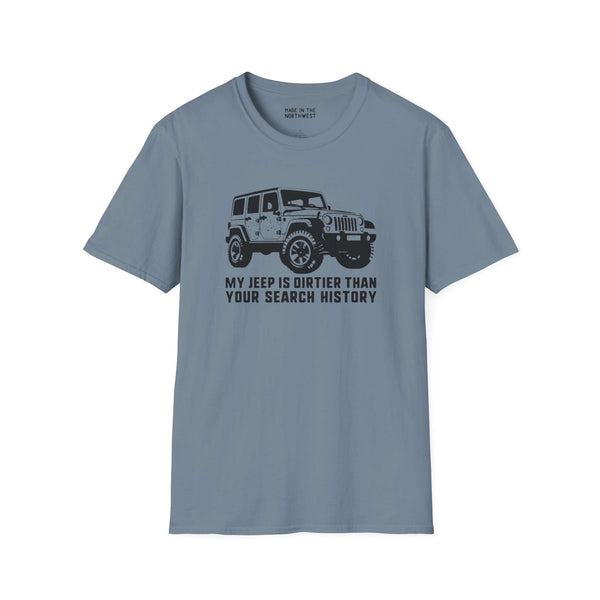 Gray softstyle t-shirt with 'My Jeep is Dirtier Than Your Search History' printed design, perfect for off-road enthusiasts.