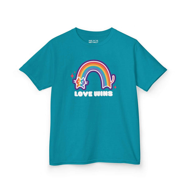 Love Wins Rainbow Heavy Cotton Kids' Tee featuring a colorful rainbow and cat design promoting kindness and joy.