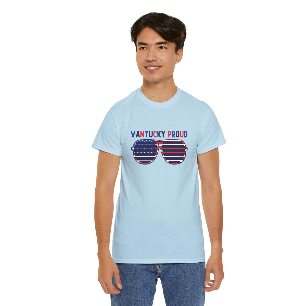 "Man wearing a light blue Vantucky Proud tee with patriotic sunglasses design, showing local pride and style."