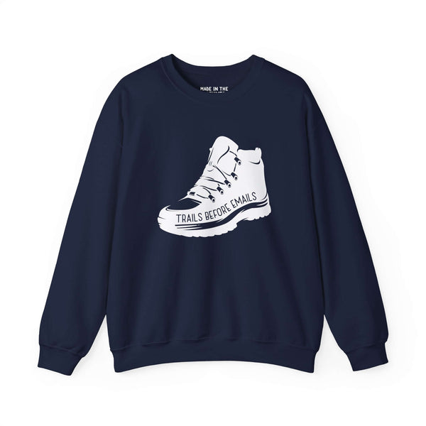 Navy sweatshirt featuring a hiking boot graphic with 'Trails Before Emails' text, perfect for outdoor enthusiasts.