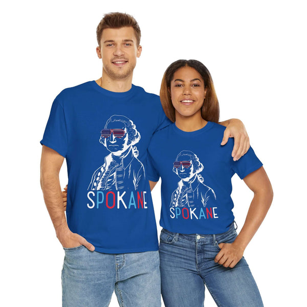 Two models wearing blue Spokane T-shirts with George Washington and USA sunglasses design, celebrating Fourth of July.