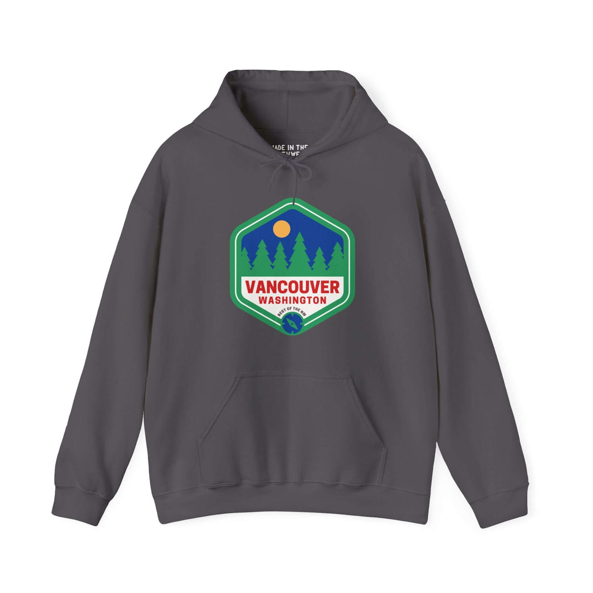 Retro Vancouver hoodie with 90s-inspired badge and trees celebrating Northwest charm and community spirit.