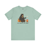 Will Trade Wi-Fi for S'mores tee featuring a bear roasting marshmallows by a campfire in a soft, mint green shirt.