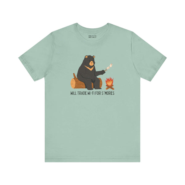 Will Trade Wi-Fi for S'mores tee featuring a bear roasting marshmallows by a campfire in a soft, mint green shirt.