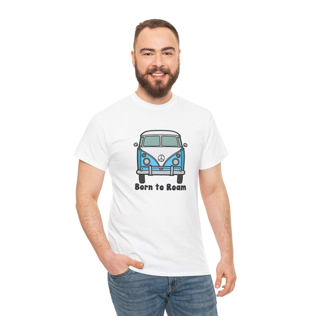 Man wearing Born to Roam athletic tee featuring a classic vanagon bus and peace sign, ideal for wanderers.