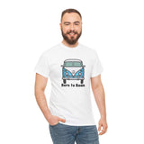 Man wearing Born to Roam athletic tee featuring a classic vanagon bus and peace sign, ideal for wanderers.