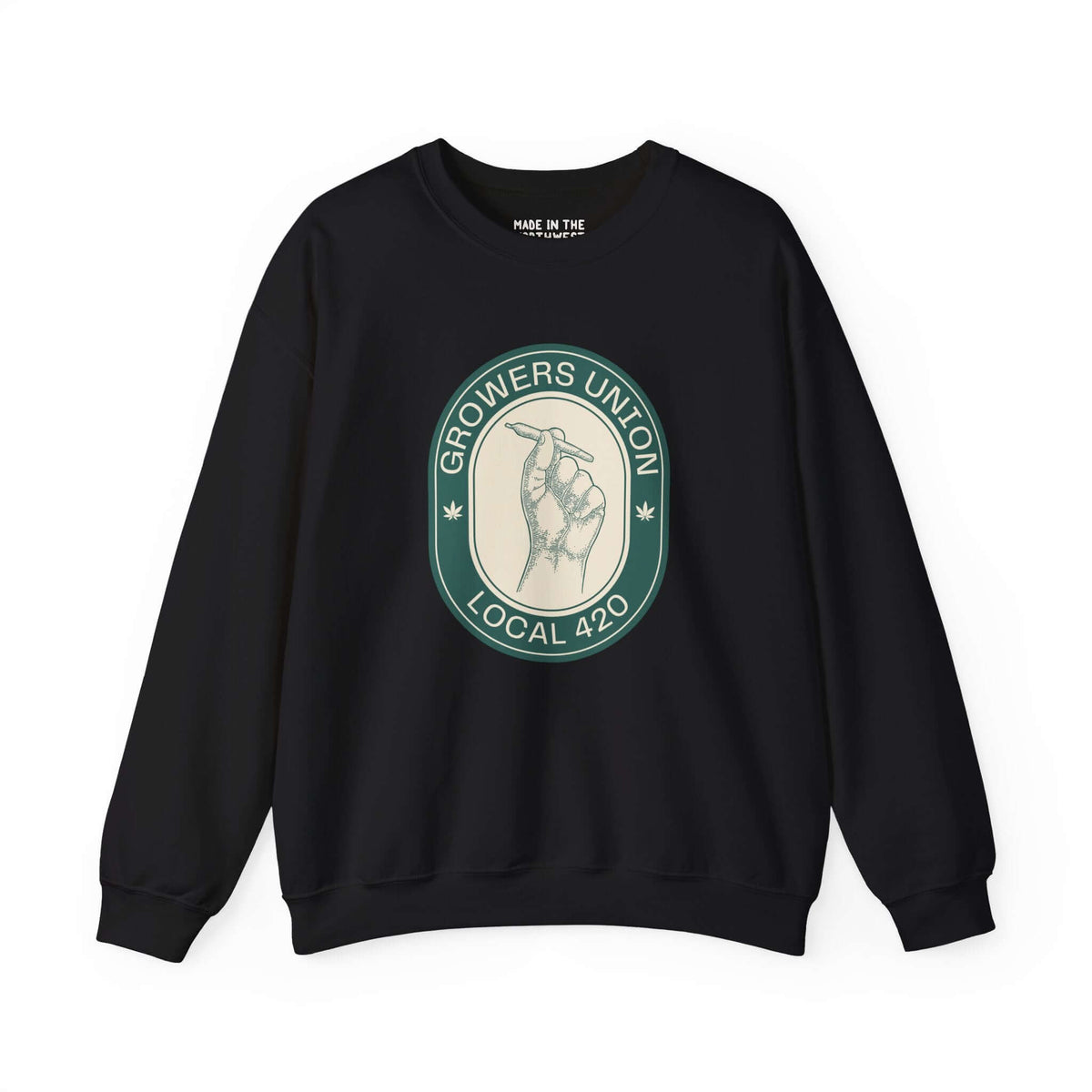 Grower's Union Local 420 black sweatshirt featuring hand holding a joint illustration, perfect for 420 culture enthusiasts.