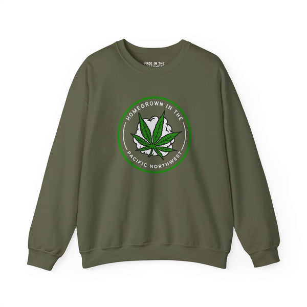 Homegrown Vibes sweatshirt featuring marijuana leaf design, celebrating Pacific Northwest culture and lifestyle.