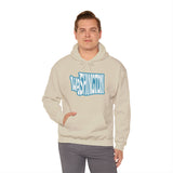 Man wearing Washington State of Mind typography hoodie, showcasing bold 'Washington' text in state shape.