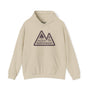 Pacific Northwest Heights Mountain Hoodie in beige with mountain graphic and bold font design.
