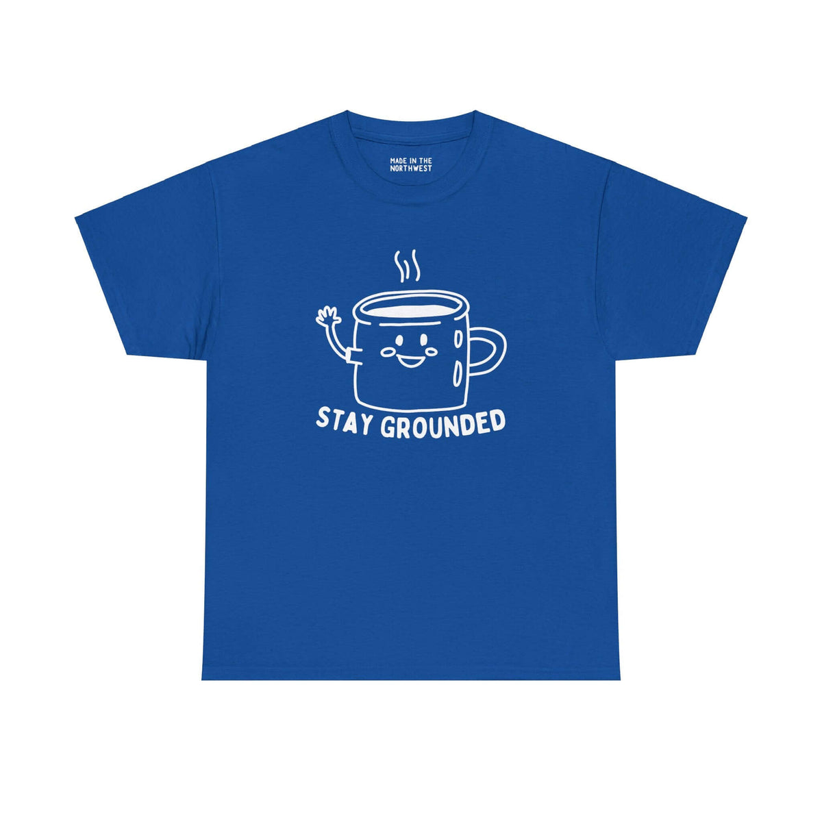 Blue athletic tee with an illustrated coffee mug and text "Stay Grounded" for coffee lovers, emphasizes comfort and caffeinated charm.