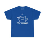 Blue athletic tee with an illustrated coffee mug and text 