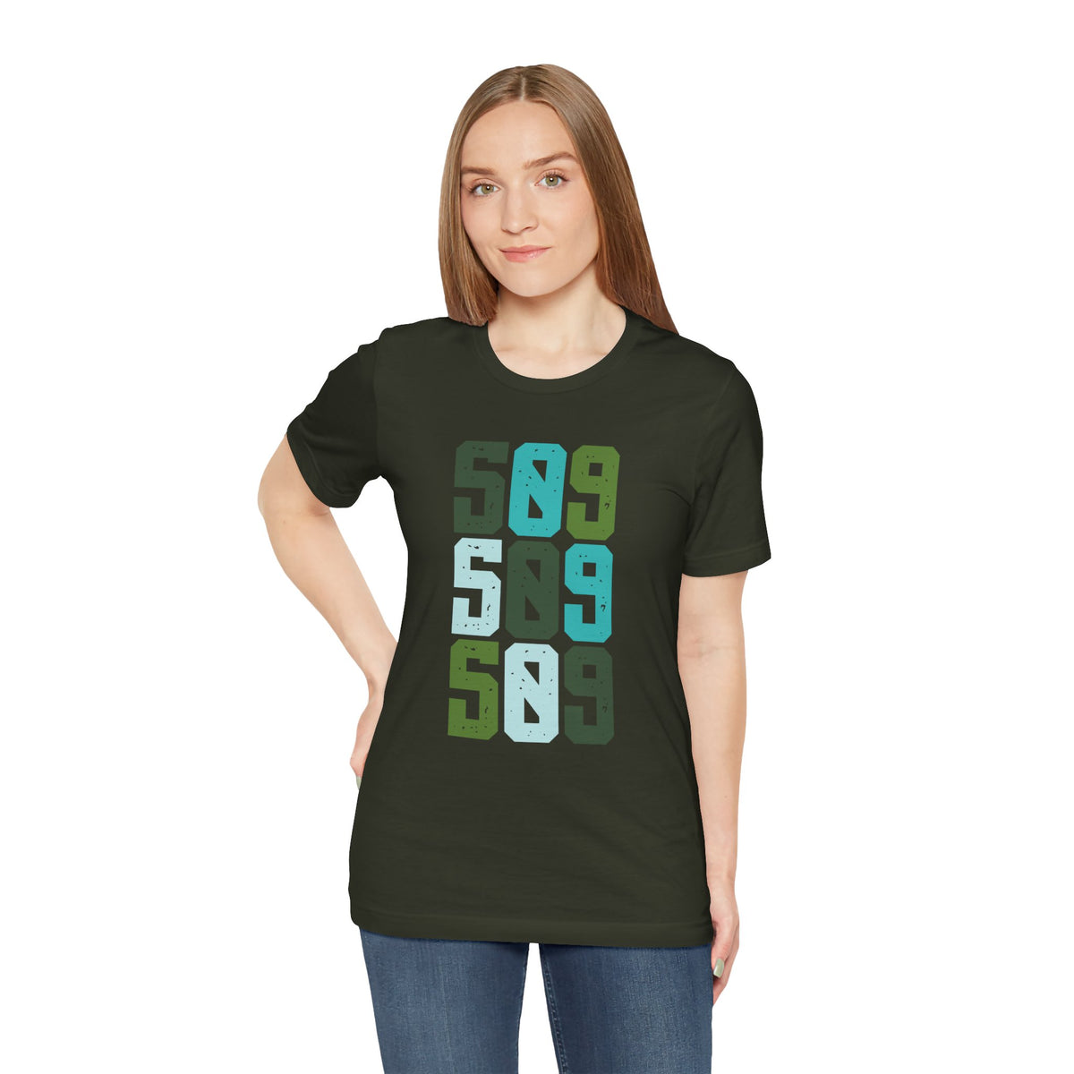 Five-Oh-Nine Pop Premium Soft Tee in dark green, featuring colorful stacked '509' design, perfect for local pride.