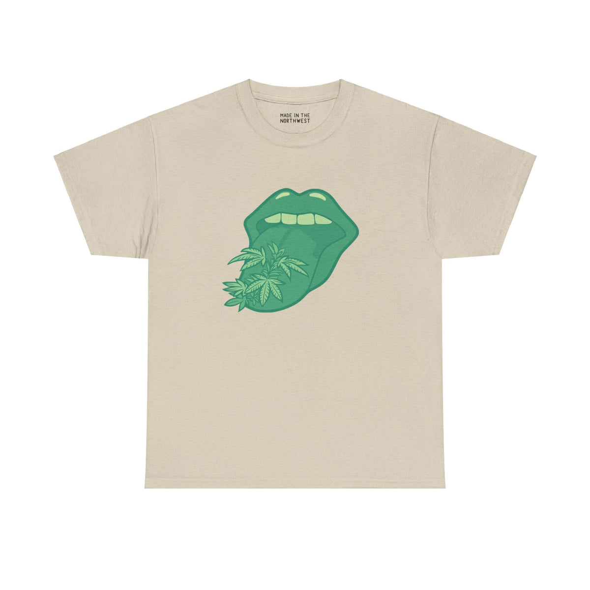 Beige athletic tee with a bold green tongue and marijuana leaves design, titled 'Tongue Tied and Lifted'. Soft, stylish, and statement-making.