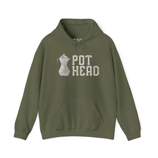 Olive green coffee-themed hoodie with Moka pot graphic and "Pot Head" text, perfect for espresso lovers and traditional brewing fans.