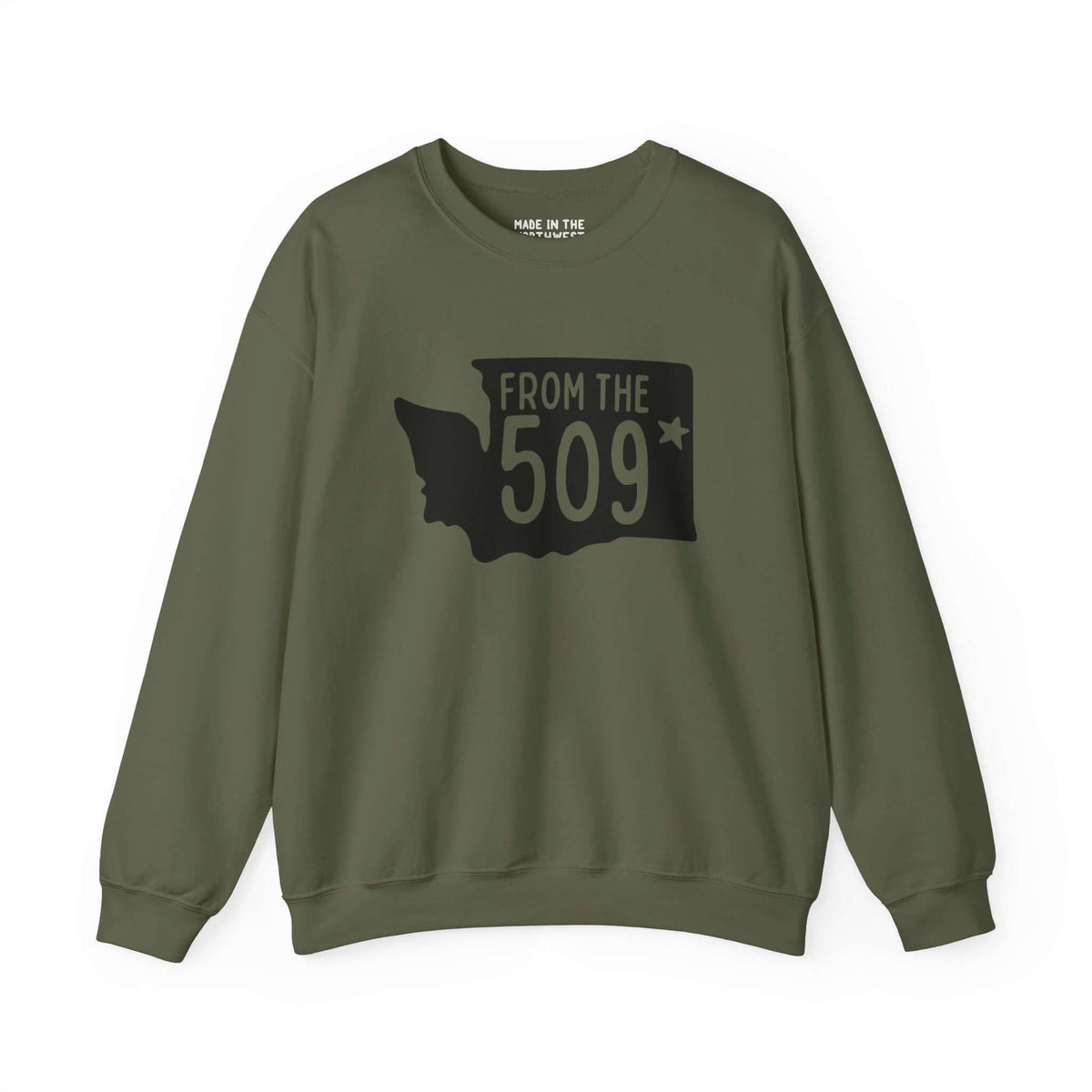 Olive green "From the 509" sweatshirt with Washington state silhouette and Spokane star, showing local pride and style.