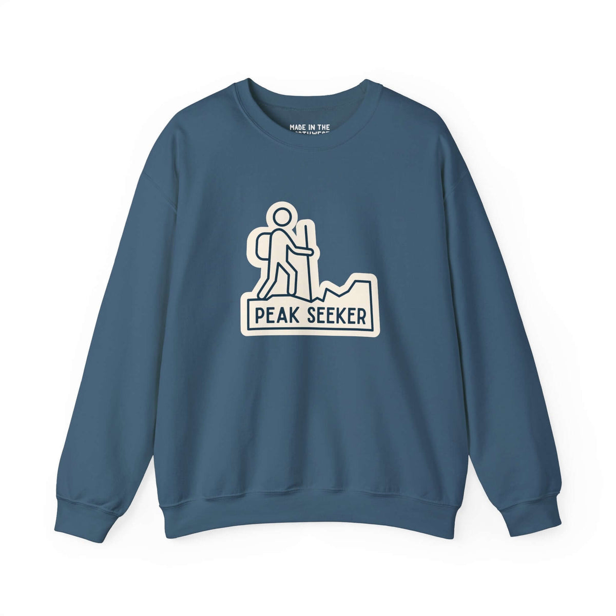 Peak Seekers hiking crewneck sweatshirt with modern graphic design for outdoor enthusiasts.