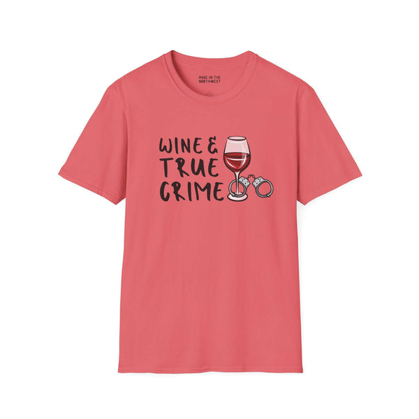 Coral Wine & True Crime softstyle t-shirt featuring a wine glass and handcuffs graphic.