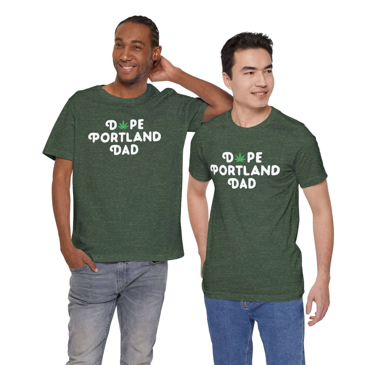 Two men wearing Dope Portland Dad soft tees with a marijuana leaf logo, showcasing Portland pride and laid-back style.