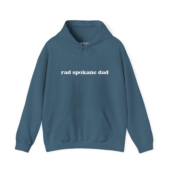 Rad Spokane Dad hoodie in blue, perfect for outdoor adventures and Gonzaga pride.