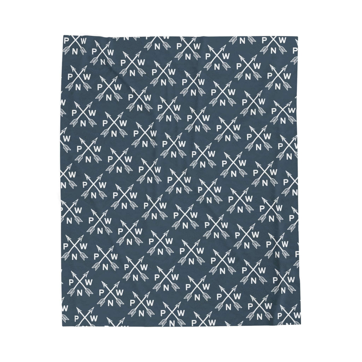 PNW blanket featuring a pattern of crossed arrows and PNW initials, perfect for cozy comfort and adventure.