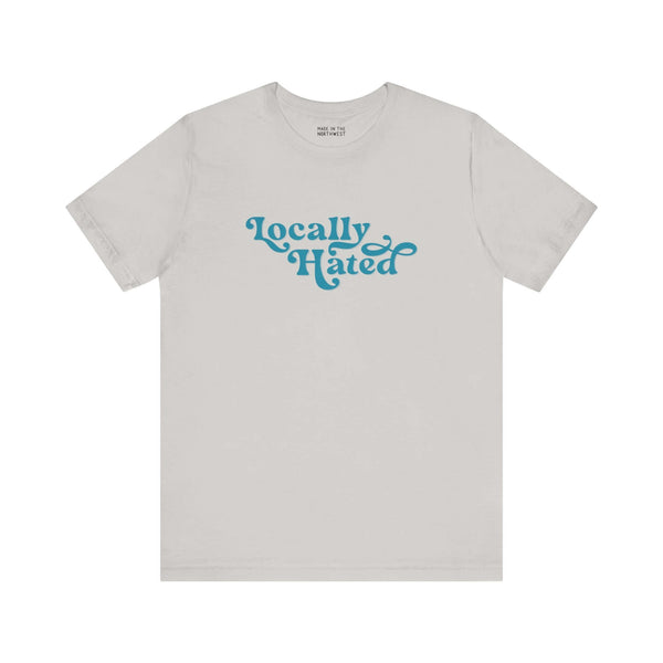 Locally Hated soft tee with bold cursive design in blue, ideal for making a statement in the Pacific Northwest.