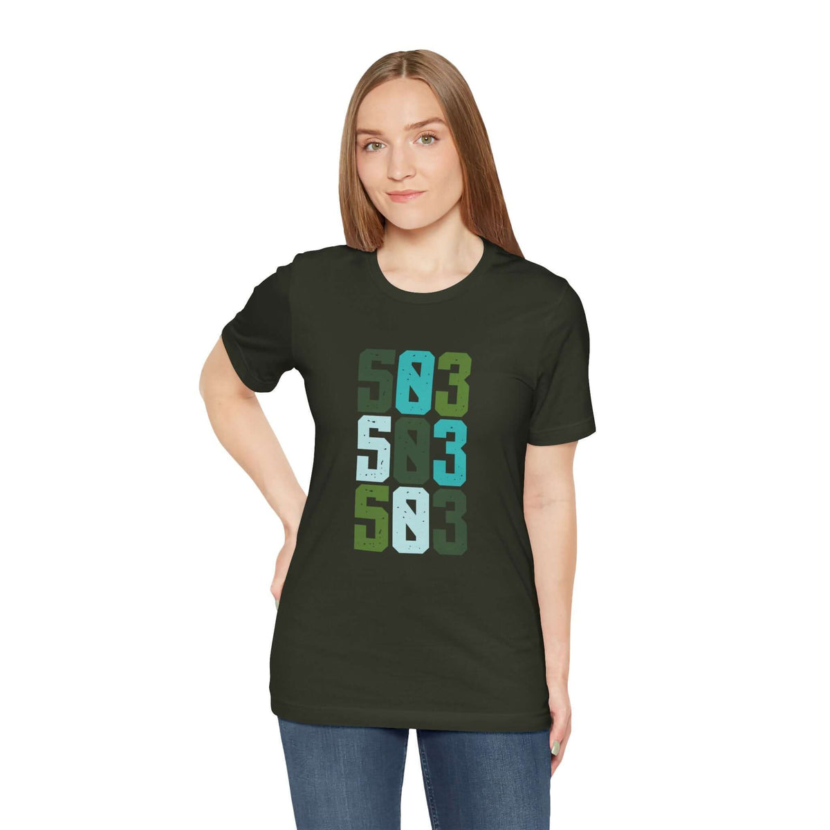 Five-Oh-Three Pop Premium Soft Tee showcasing vibrant PDX area code design in greens and blues.