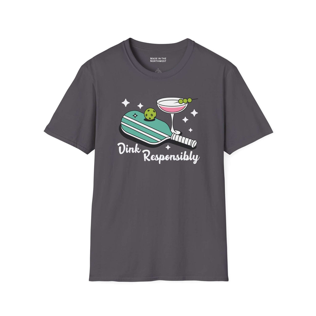 Dink responsibly t shirt with pickleball paddle, ball, and martini glass graphic.