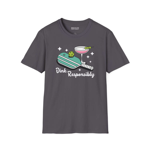 Dink responsibly t shirt with pickleball paddle, ball, and martini glass graphic.