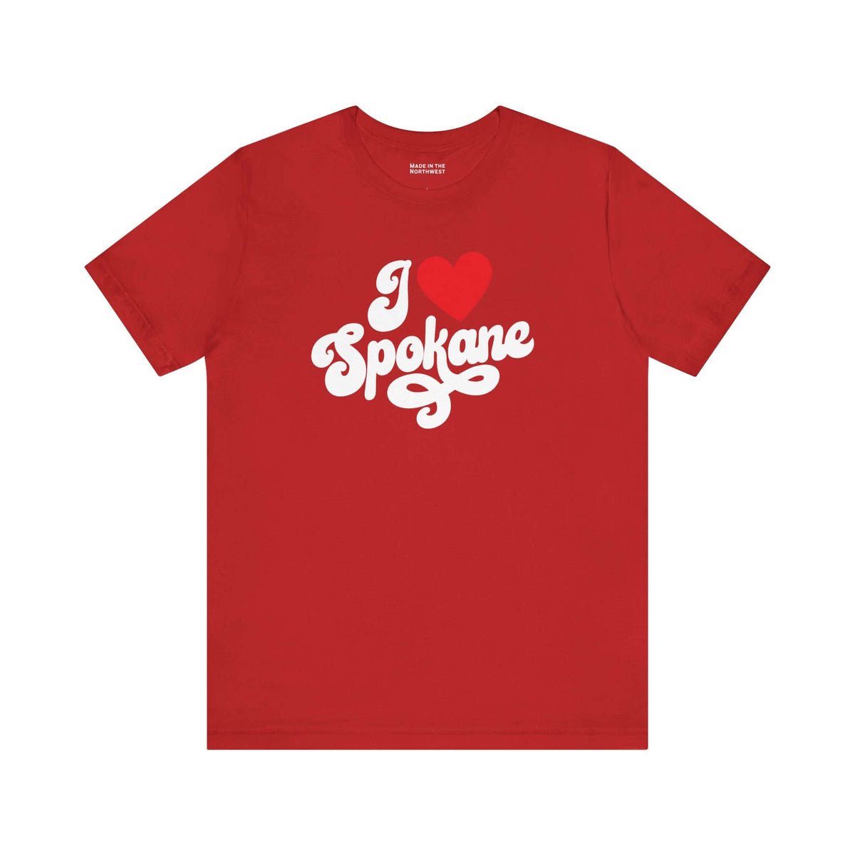 I love Spokane t shirt featuring a red design with cursive text for hometown pride in Washington.