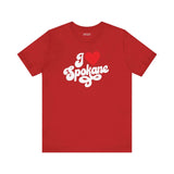 I love Spokane t shirt featuring a red design with cursive text for hometown pride in Washington.