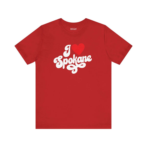 I love Spokane t shirt featuring a red design with cursive text for hometown pride in Washington.