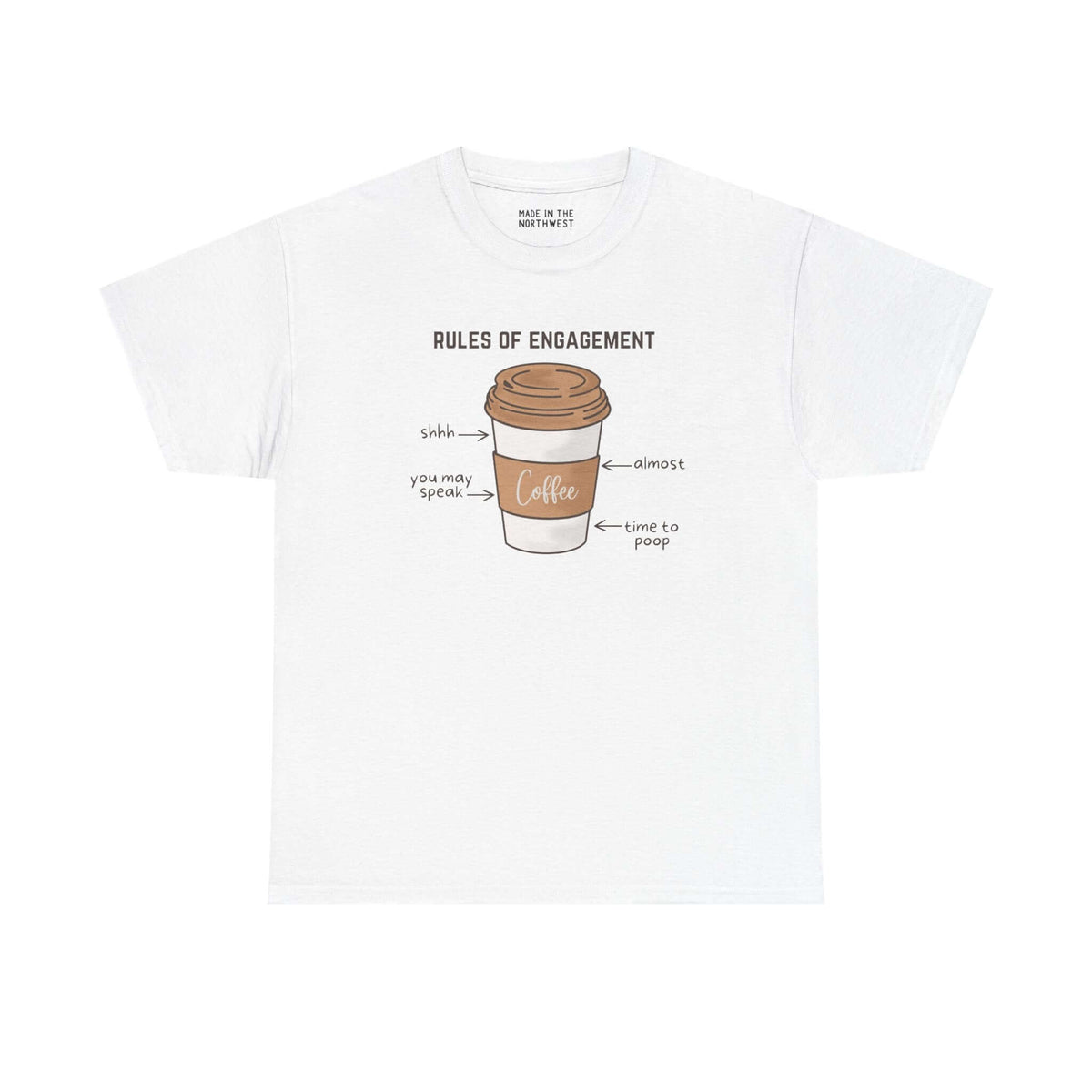 White athletic tee featuring coffee cup graphic with 'Rules of Engagement' for coffee lovers.