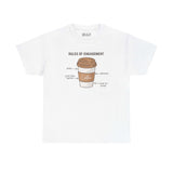 White athletic tee featuring coffee cup graphic with 'Rules of Engagement' for coffee lovers.