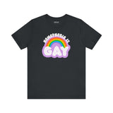 Homophobia Is Gay T Shirt with rainbow design and cloud typography on a black background.