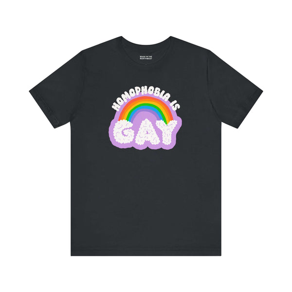 Homophobia Is Gay T Shirt with rainbow design and cloud typography on a black background.