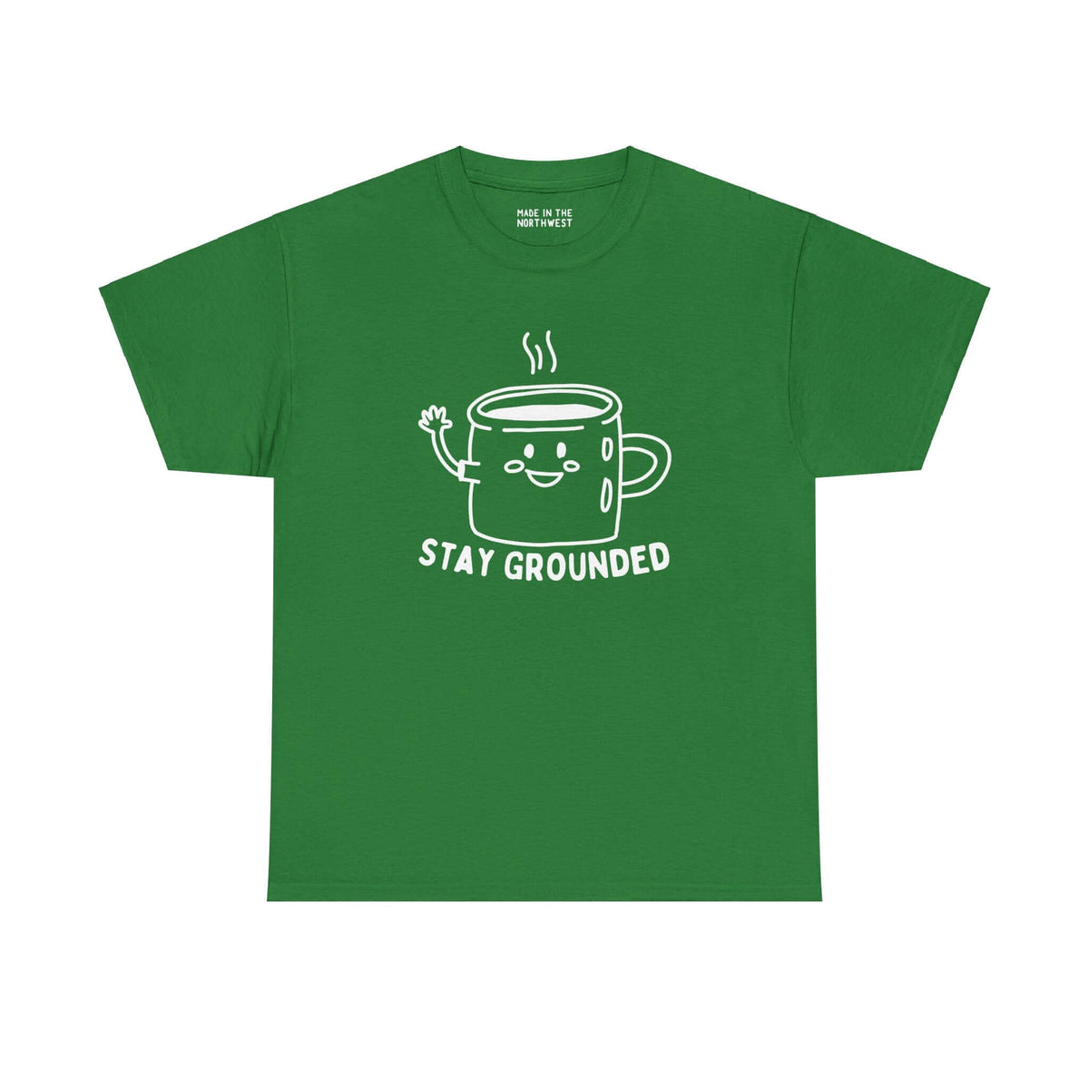 Green athletic tee with a waving coffee mug illustration and "Stay Grounded" text for coffee lovers.