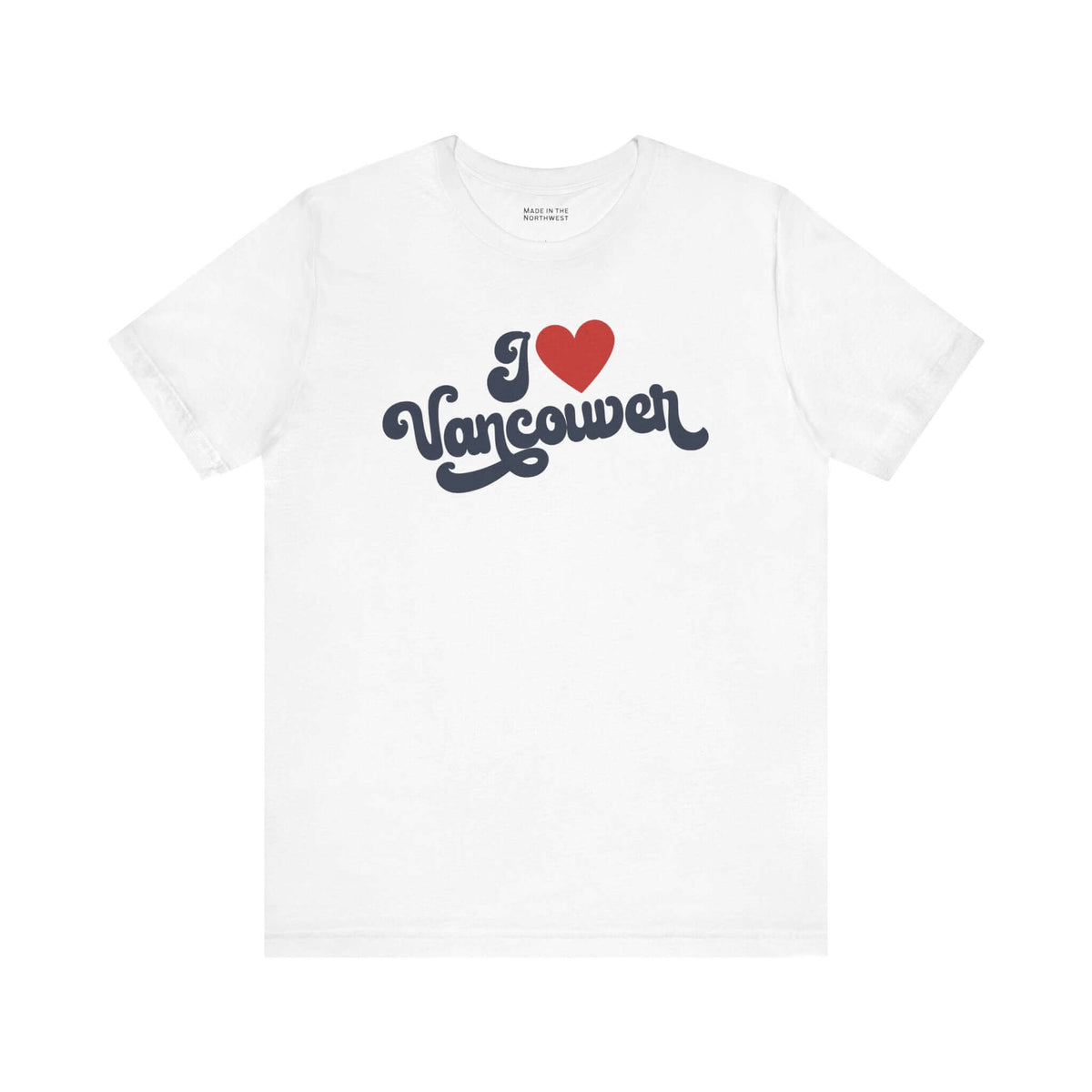 I Love Vancouver T Shirt featuring cursive design in red and navy on a white background.