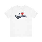 I Love Vancouver T Shirt featuring cursive design in red and navy on a white background.