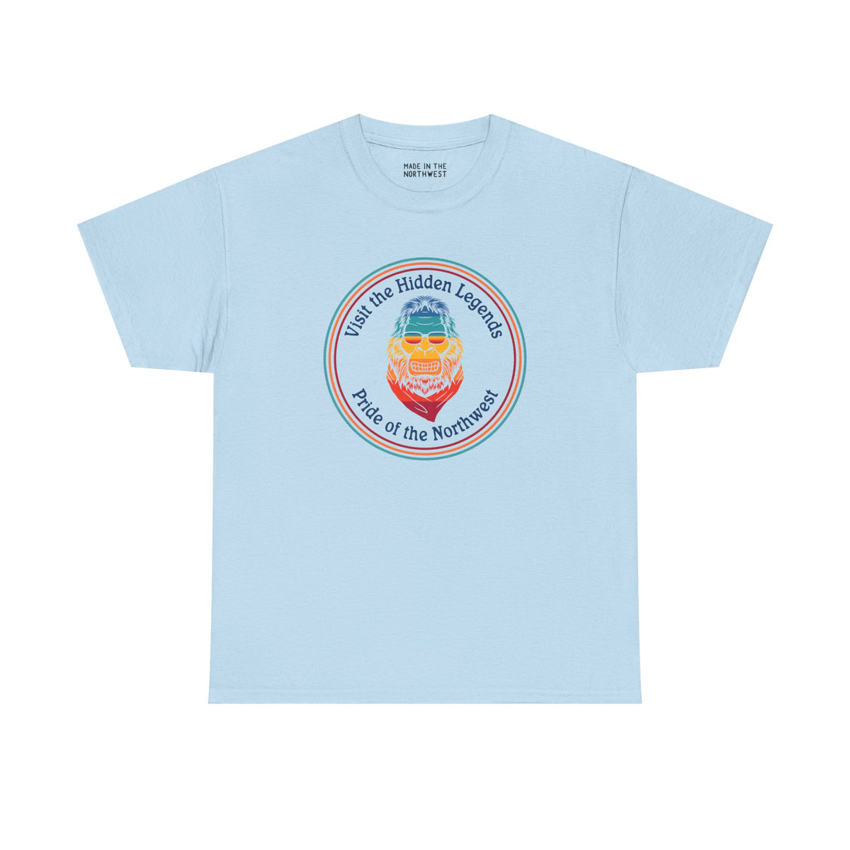 Light blue athletic tee featuring Bigfoot design with 'Visit the Hidden Legends' and 'Pride of the Northwest' text.