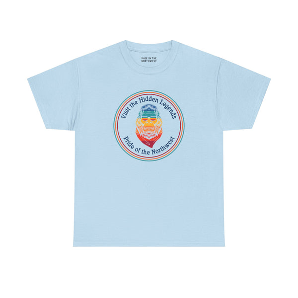 Light blue athletic tee featuring Bigfoot design with 'Visit the Hidden Legends' and 'Pride of the Northwest' text.