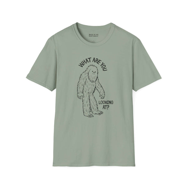What Are You Looking At t shirt featuring a sasquatch and humorous text on a green background.