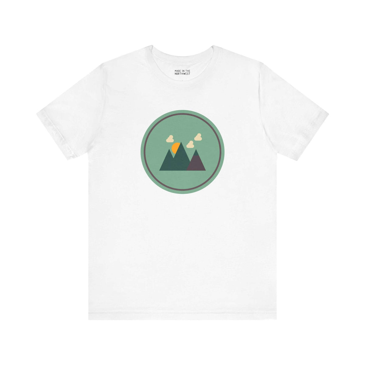 Minimalist white tee featuring a circular mountain design with clouds and a sun, inspired by Pacific Northwest nature.