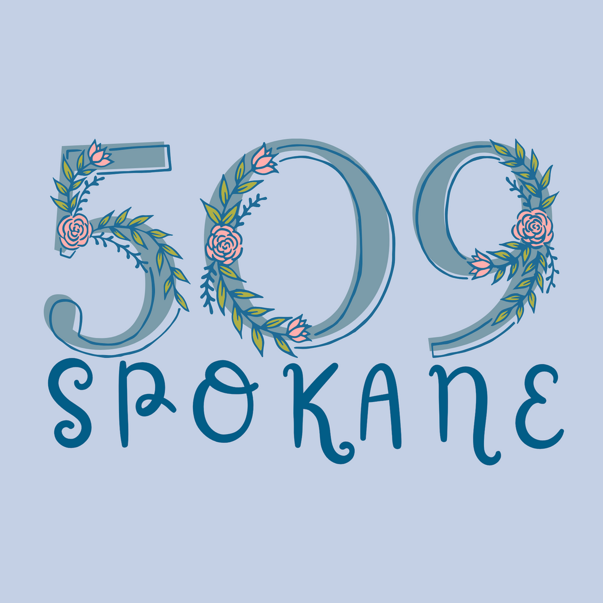 509 Floral Area Code design featuring roses, representing Spokane's Pacific Northwest pride.