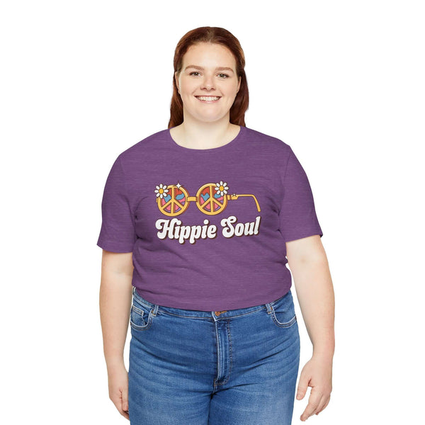 Woman wearing Hippie Soul retro peace tee featuring flower glasses, perfect for free spirits and vintage lovers.