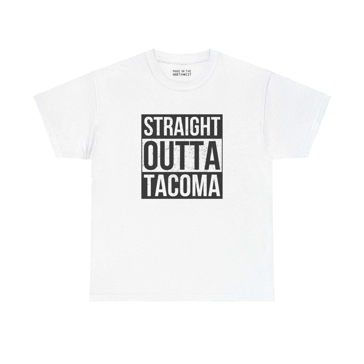 "Straight Outta Tacoma white athletic tee with bold black lettering, showcasing Tacoma pride and classic streetwear style."