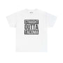 "Straight Outta Tacoma white athletic tee with bold black lettering, showcasing Tacoma pride and classic streetwear style."